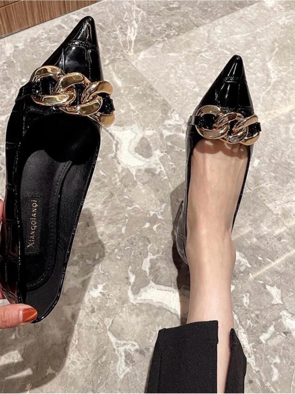 Black Patent Pointed-Toe Flats with Gold Chain Accent